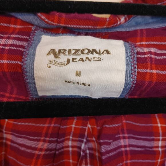 Arizona Jean Co Size Medium M Red Orange Plaid Button Up Long Sleeve Top Shirt - Picture 10 of 10